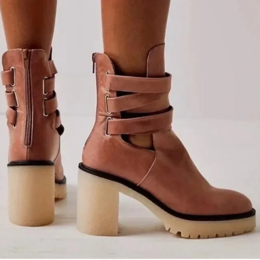 Free People Tan Leather Strappy Jesse Cutout Boots Chunky Women's Size 41 US 10